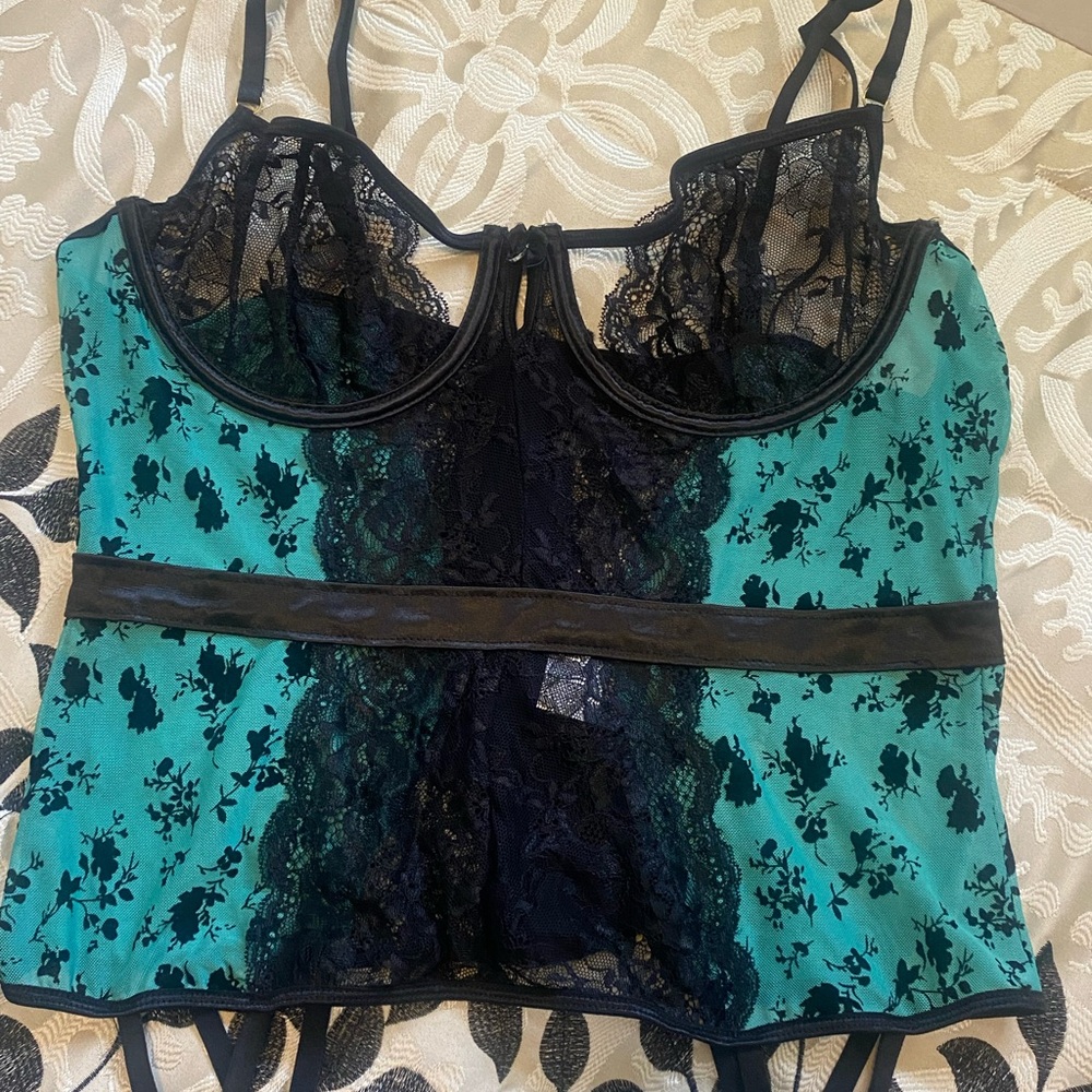 Elegant Lace Trimmed Corset in Teal and Black